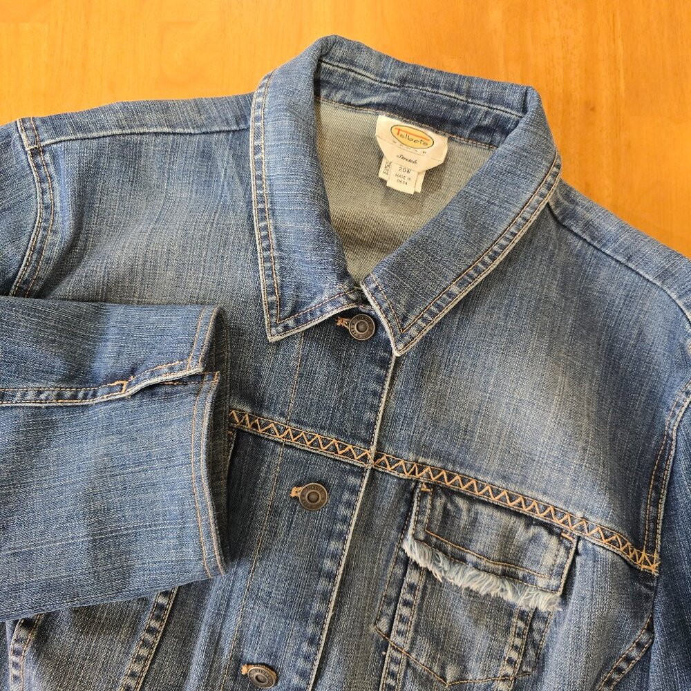 Talbots Woman Stretch Denim Jacket Fringed Flap Pockets and Hem Plus Size 20W